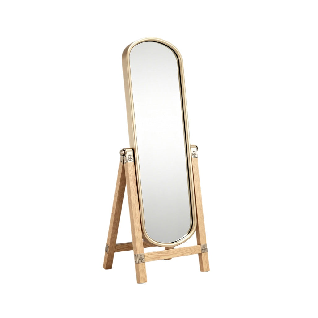 Modern Full-Length Standing Mirror with Wooden Frame and Gold Accents